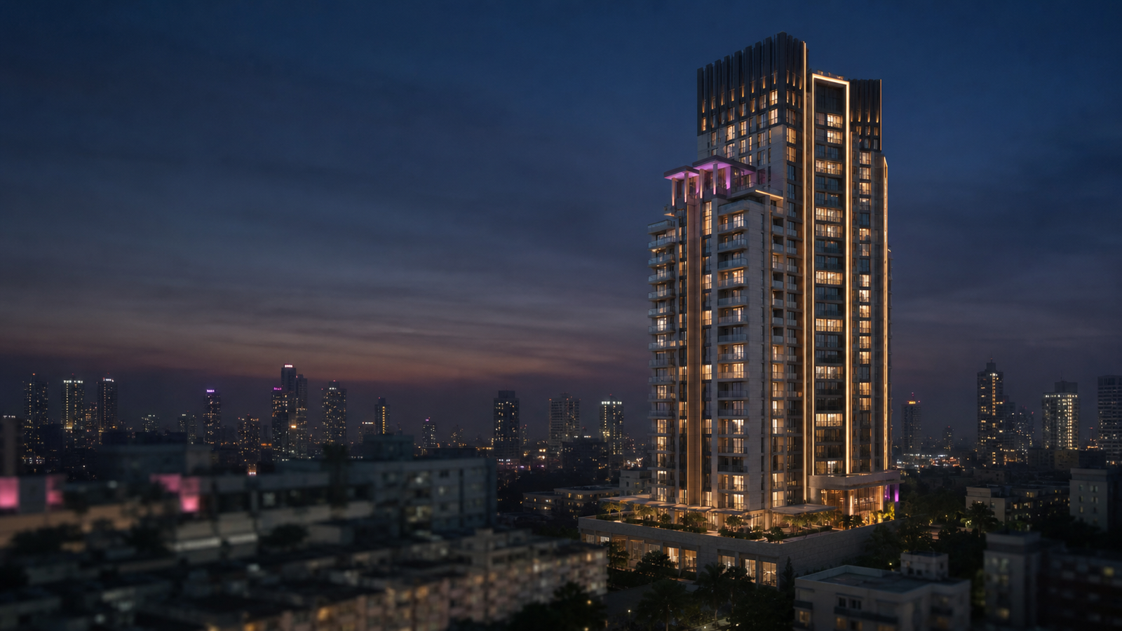 Modern residential tower at dusk
